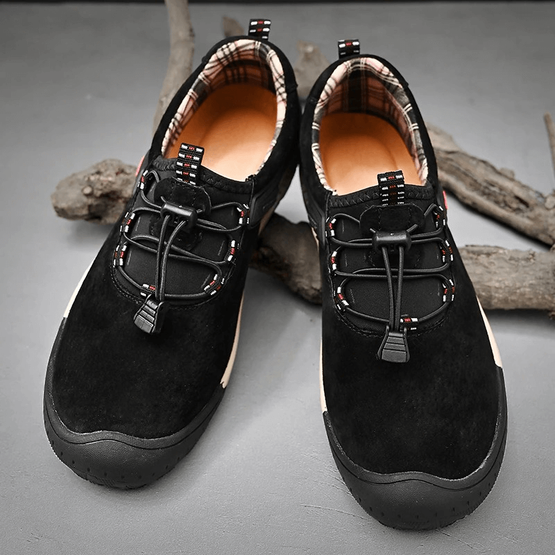 Men's suede leather non-slip hiking shoes with elastic band, featuring breathable upper and durable rubber outsole for outdoor adventures.
